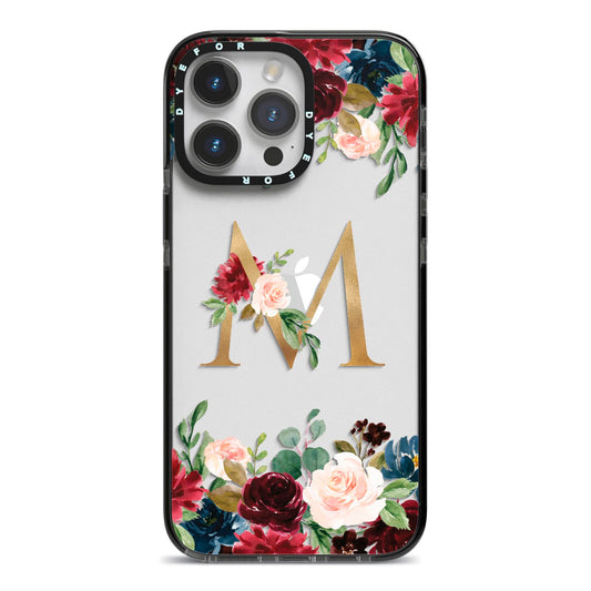 Personalised Clear Monogram Floral iPhone 14 Pro Max Black Impact Case on Silver phone