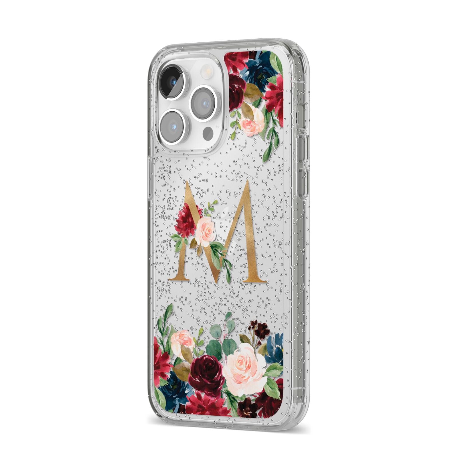 Personalised Clear Monogram Floral iPhone 14 Pro Max Glitter Tough Case Silver Angled Image