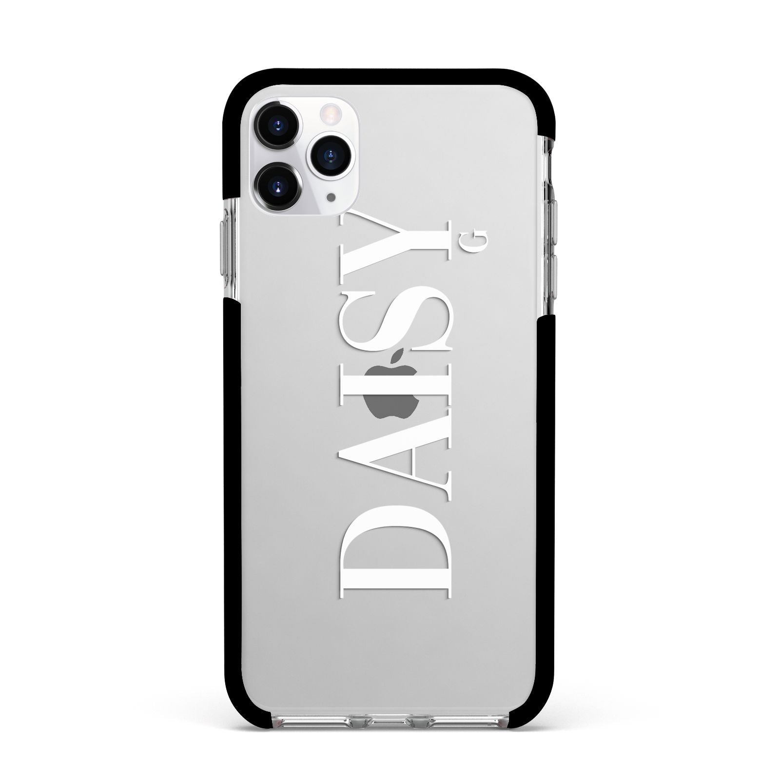 Personalised Clear Name Apple iPhone 11 Pro Max in Silver with Black Impact Case
