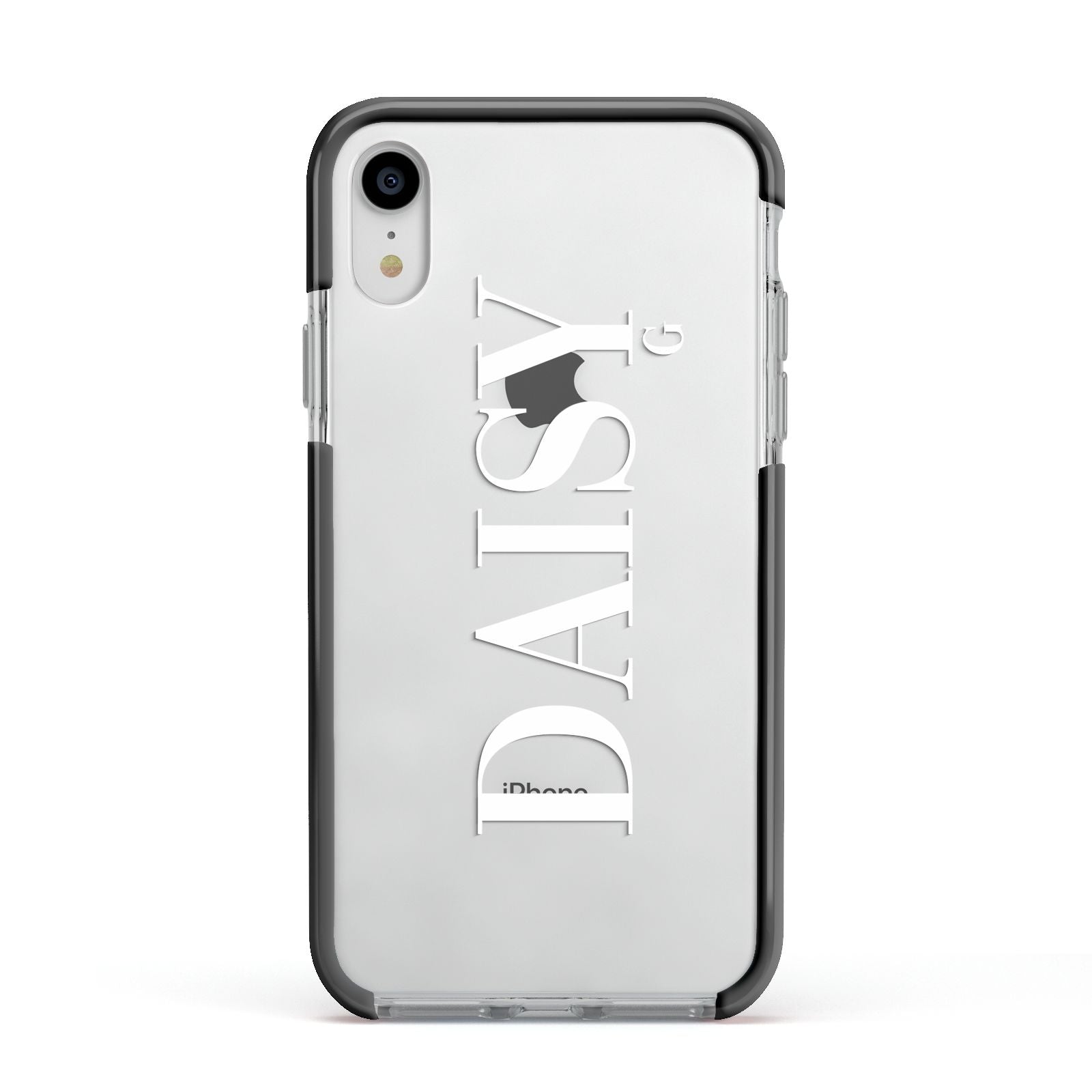 Personalised Clear Name Apple iPhone XR Impact Case Black Edge on Silver Phone