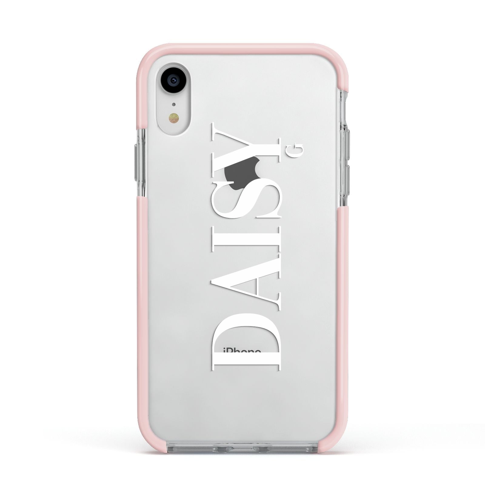 Personalised Clear Name Apple iPhone XR Impact Case Pink Edge on Silver Phone