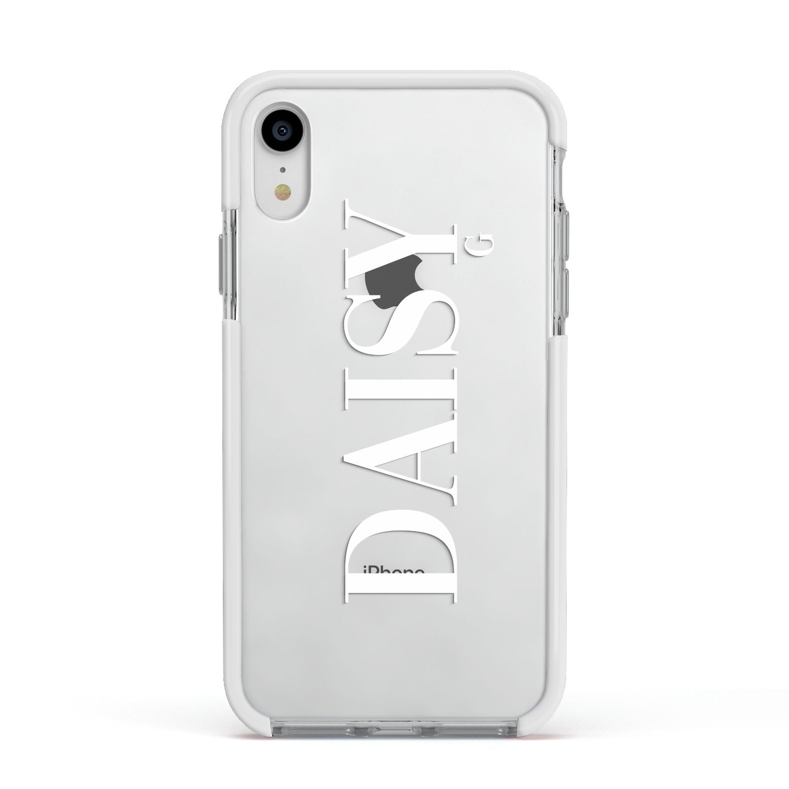 Personalised Clear Name Apple iPhone XR Impact Case White Edge on Silver Phone