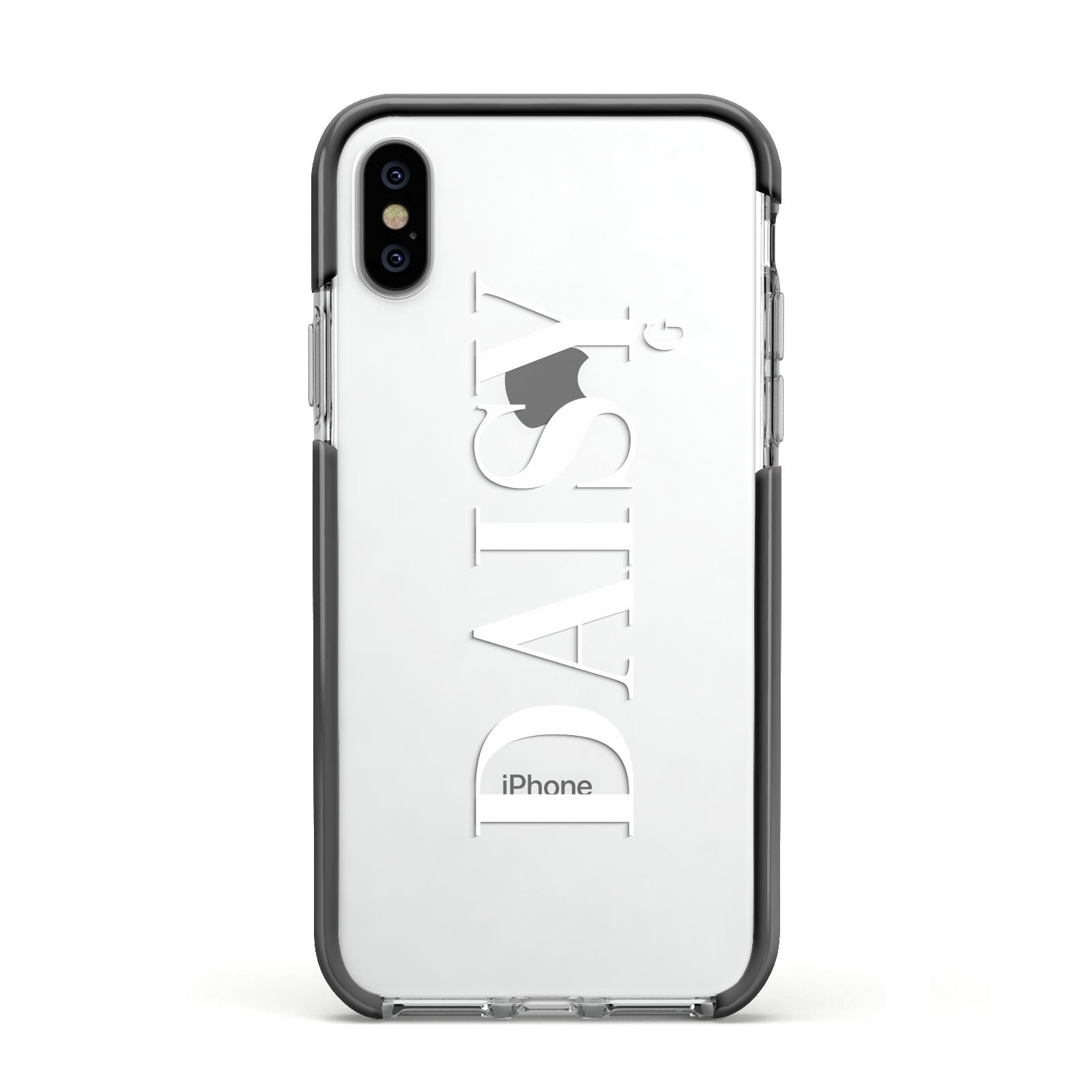 Personalised Clear Name Apple iPhone Xs Impact Case Black Edge on Silver Phone