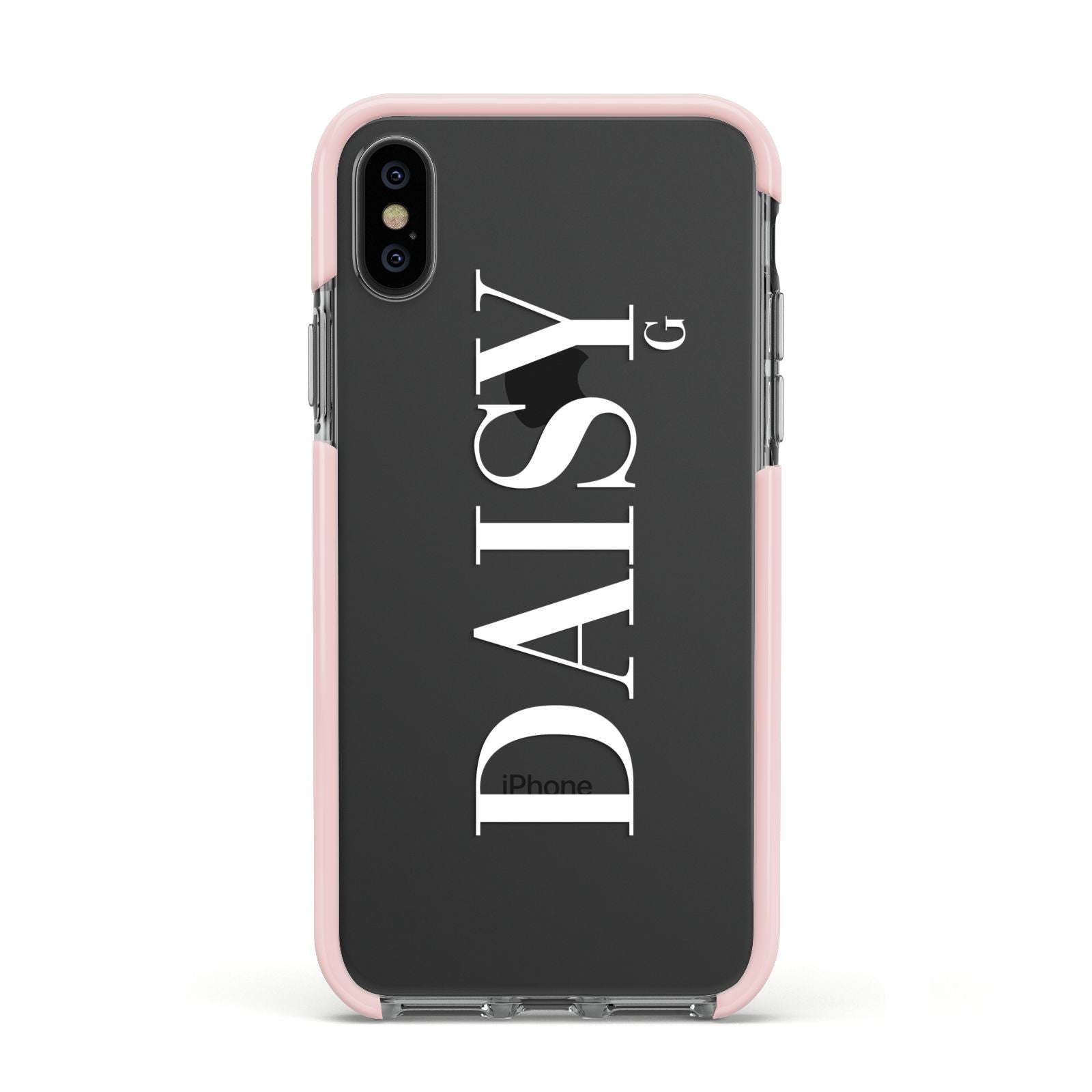 Personalised Clear Name Apple iPhone Xs Impact Case Pink Edge on Black Phone