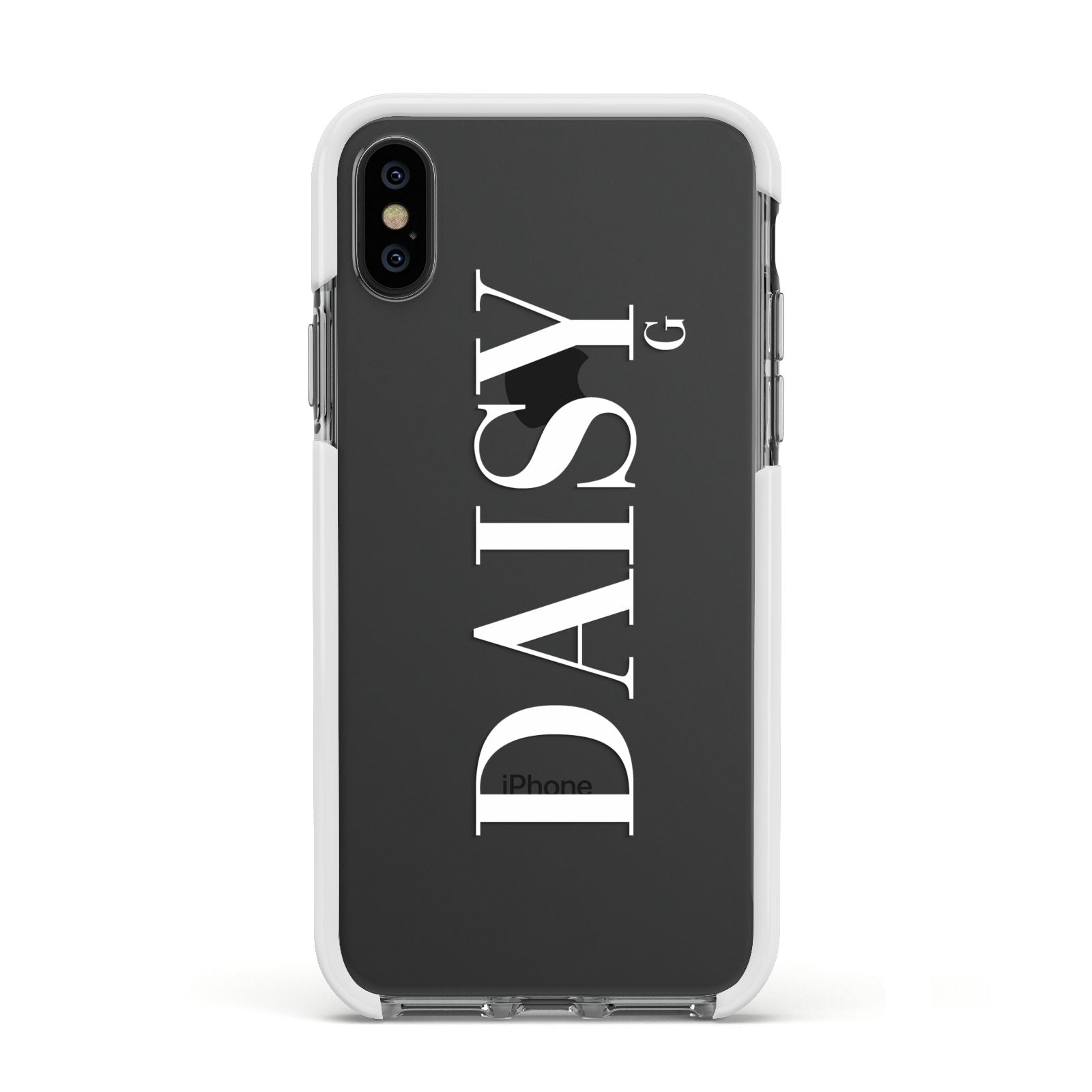 Personalised Clear Name Apple iPhone Xs Impact Case White Edge on Black Phone