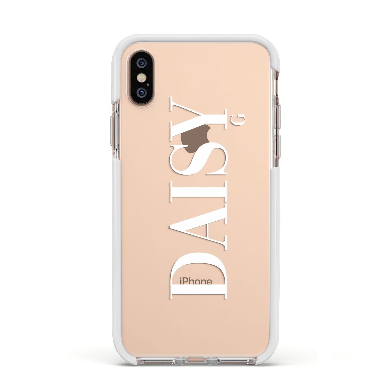 Personalised Clear Name Apple iPhone Xs Impact Case White Edge on Gold Phone