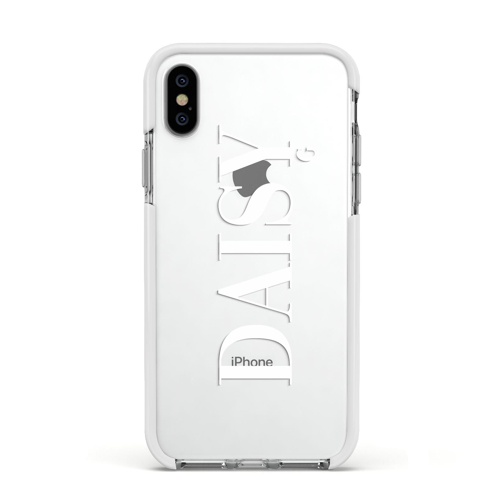 Personalised Clear Name Apple iPhone Xs Impact Case White Edge on Silver Phone