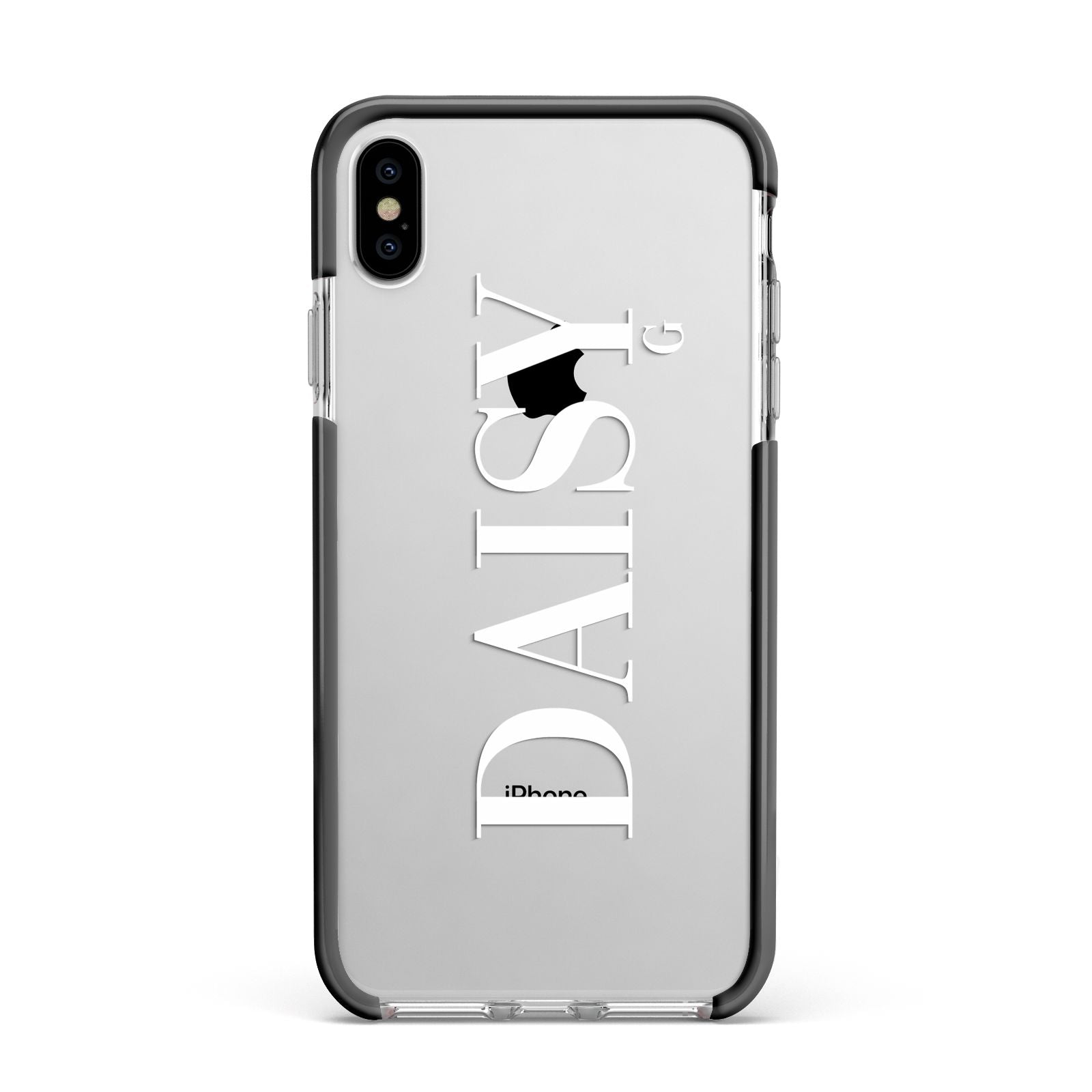 Personalised Clear Name Apple iPhone Xs Max Impact Case Black Edge on Silver Phone