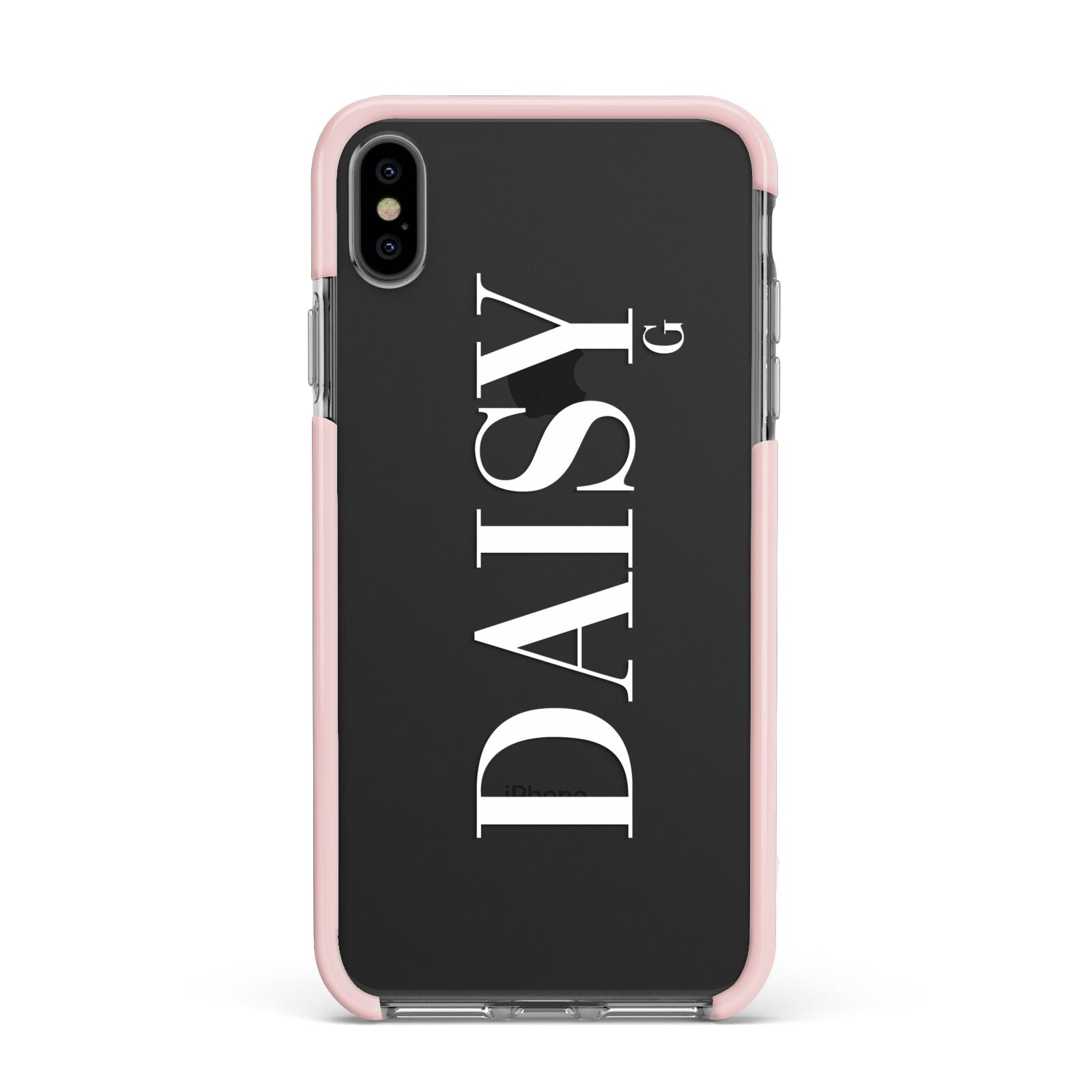 Personalised Clear Name Apple iPhone Xs Max Impact Case Pink Edge on Black Phone