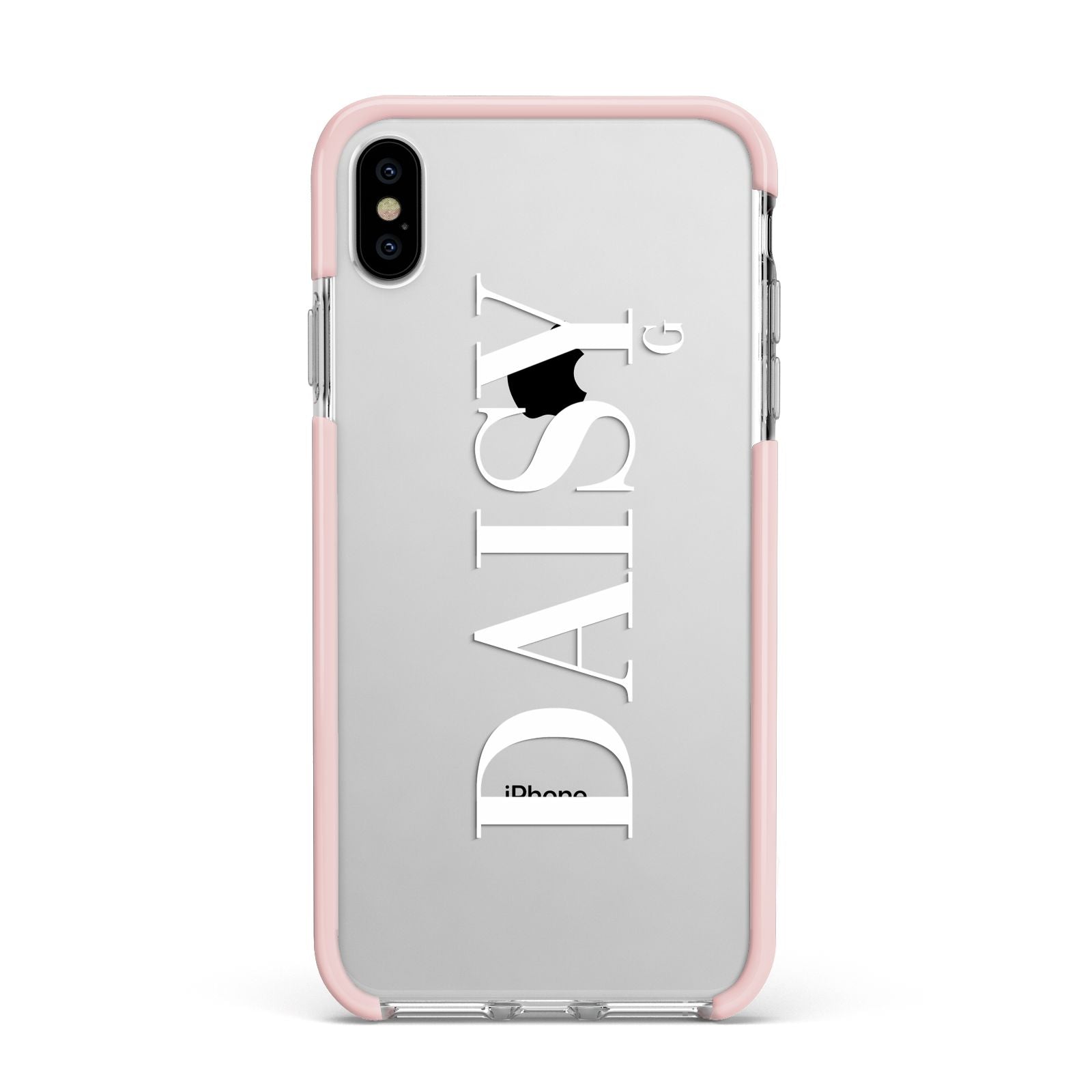 Personalised Clear Name Apple iPhone Xs Max Impact Case Pink Edge on Silver Phone