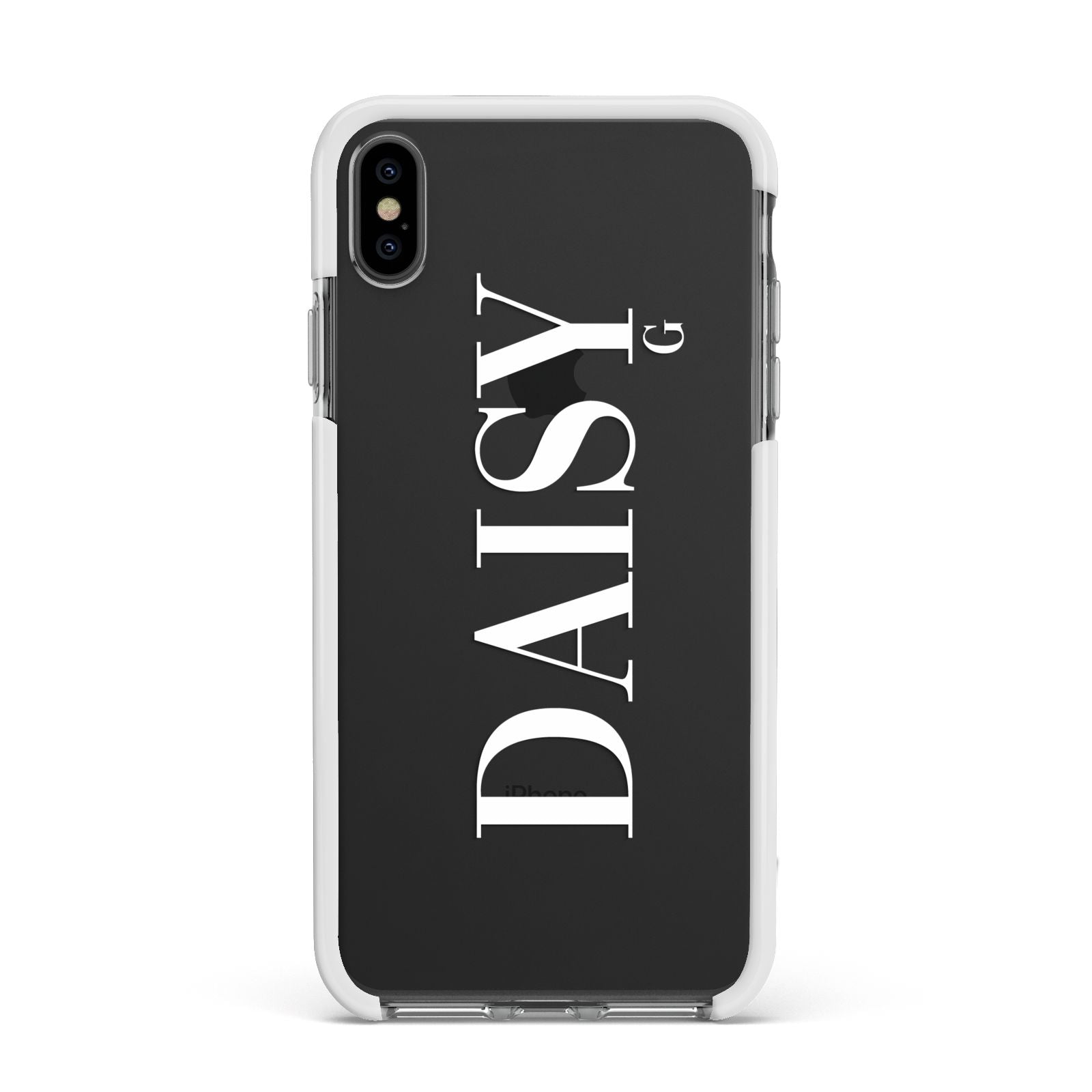 Personalised Clear Name Apple iPhone Xs Max Impact Case White Edge on Black Phone
