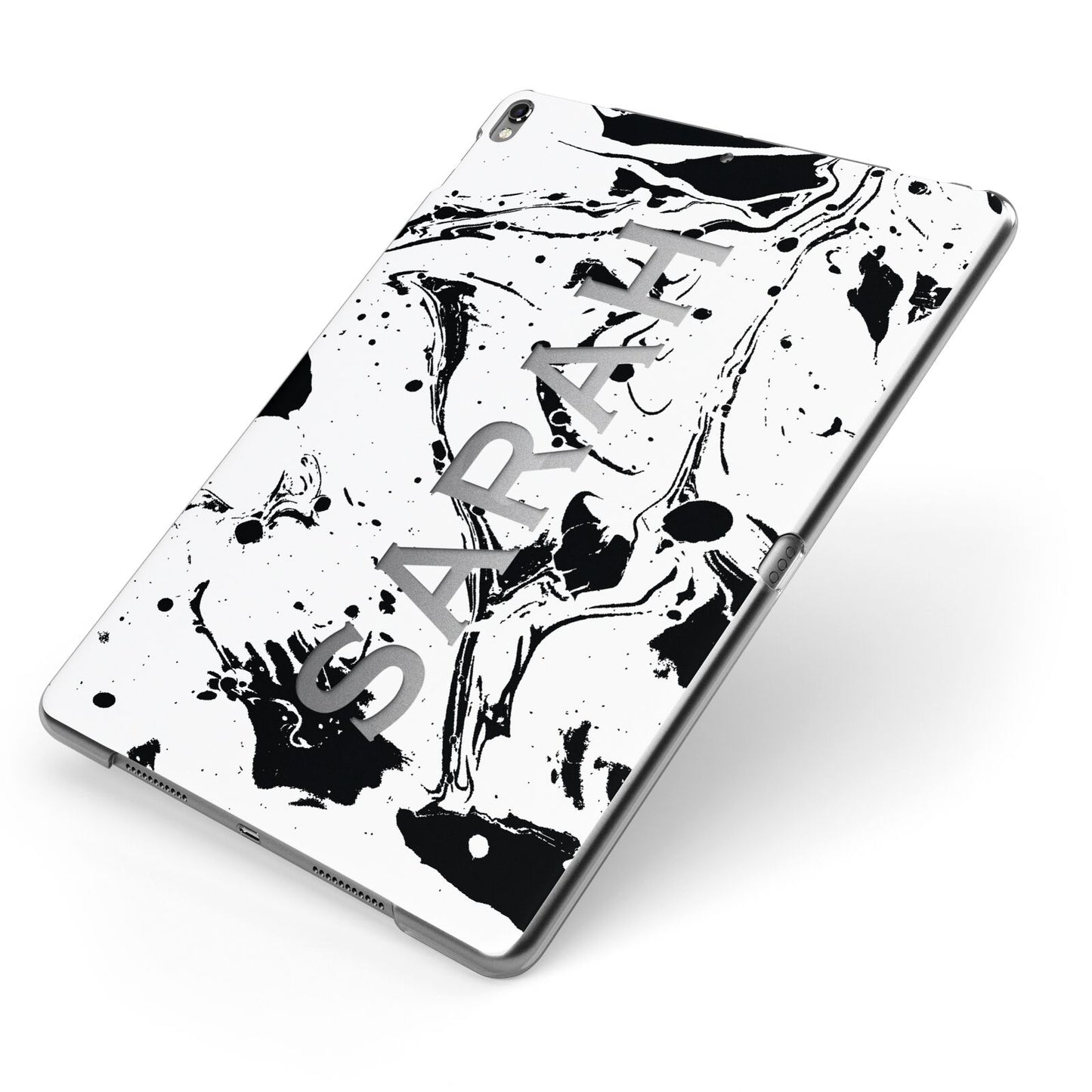 Personalised Clear Name Black Swirl Marble Custom Apple iPad Case on Grey iPad Side View