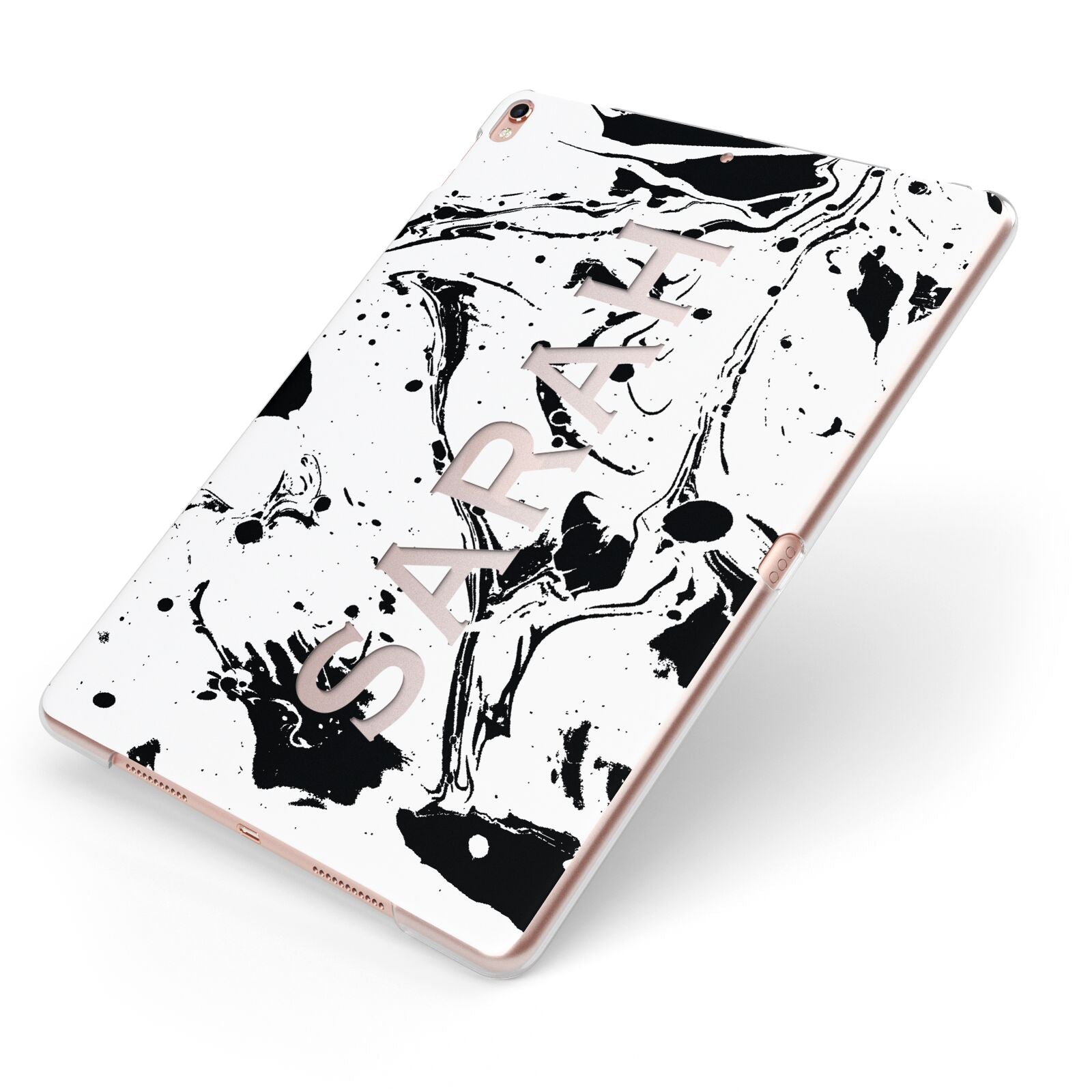 Personalised Clear Name Black Swirl Marble Custom Apple iPad Case on Rose Gold iPad Side View
