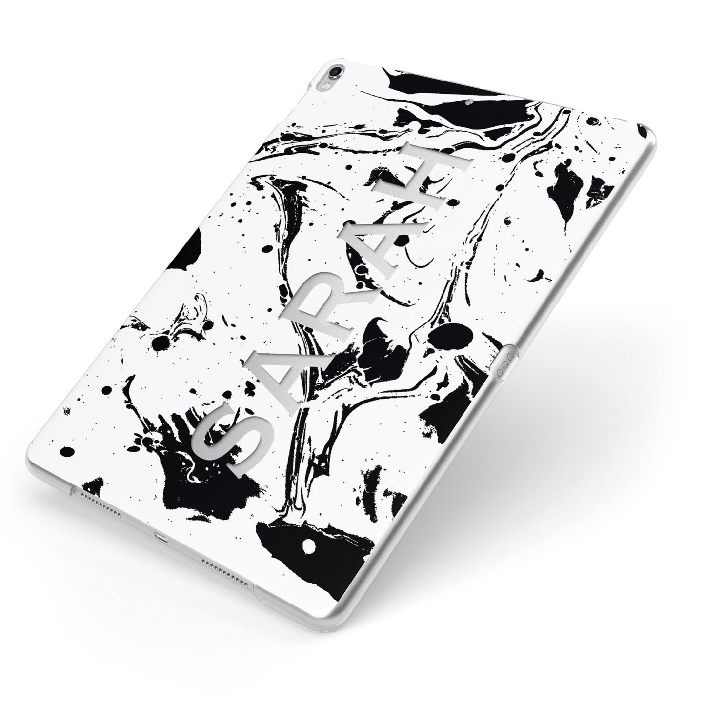Personalised Clear Name Black Swirl Marble Custom Apple iPad Case on Silver iPad Side View