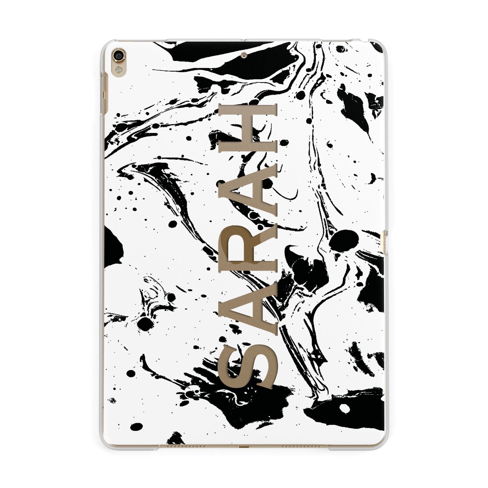 Personalised Clear Name Black Swirl Marble Custom Apple iPad Gold Case