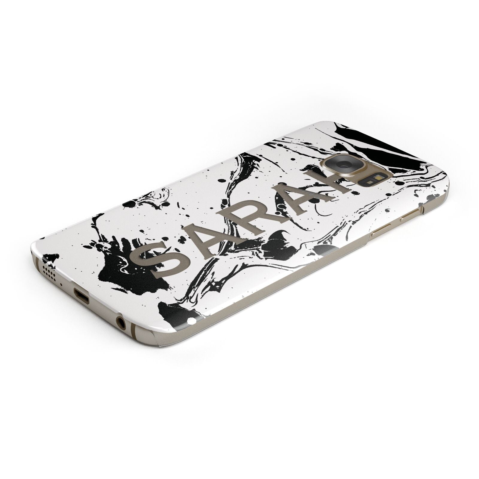Personalised Clear Name Black Swirl Marble Custom Protective Samsung Galaxy Case Angled Image