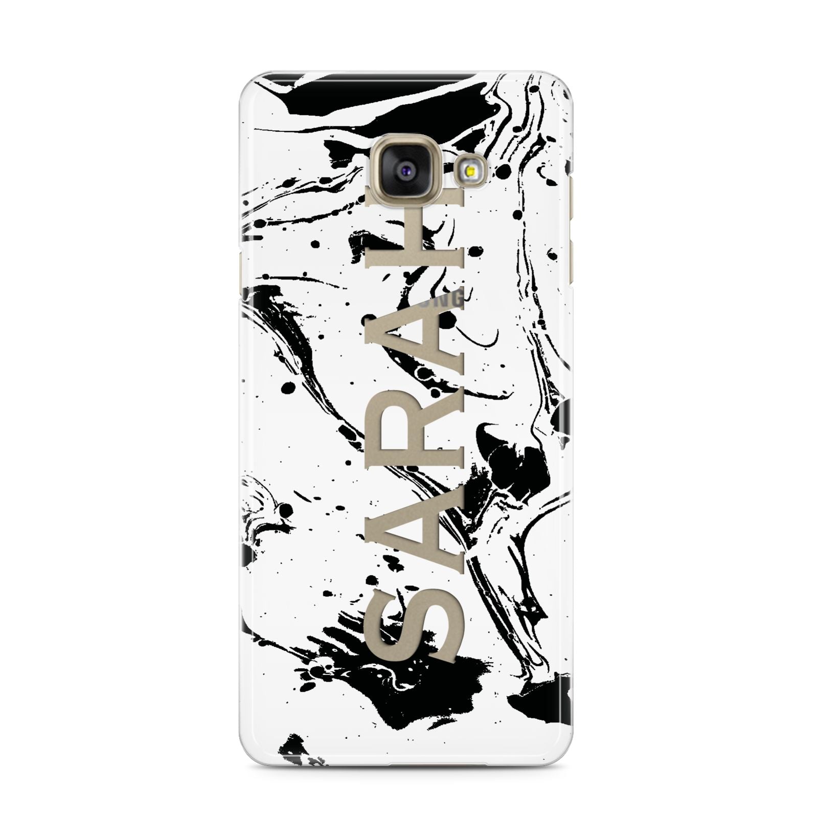 Personalised Clear Name Black Swirl Marble Custom Samsung Galaxy A3 2016 Case on gold phone