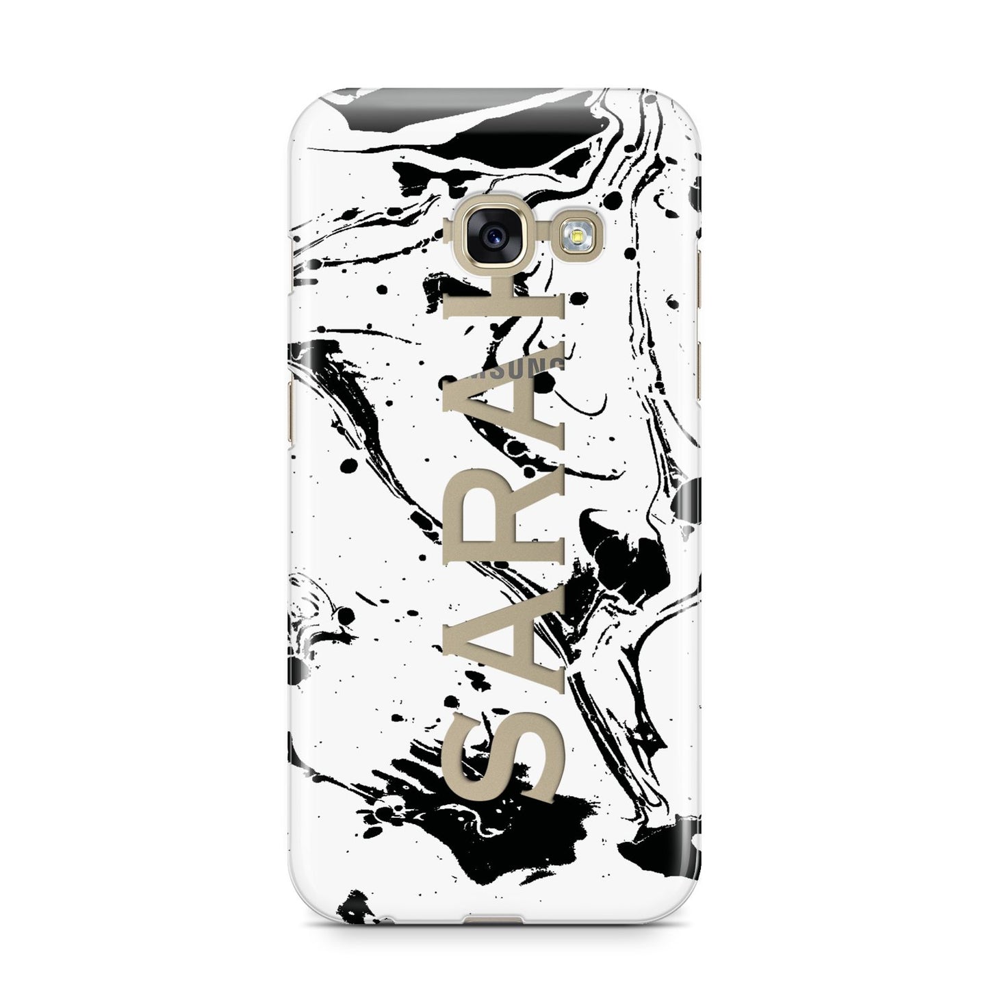 Personalised Clear Name Black Swirl Marble Custom Samsung Galaxy A3 2017 Case on gold phone