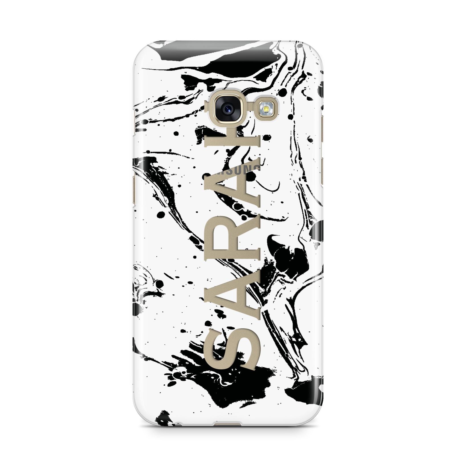 Personalised Clear Name Black Swirl Marble Custom Samsung Galaxy A3 2017 Case on gold phone