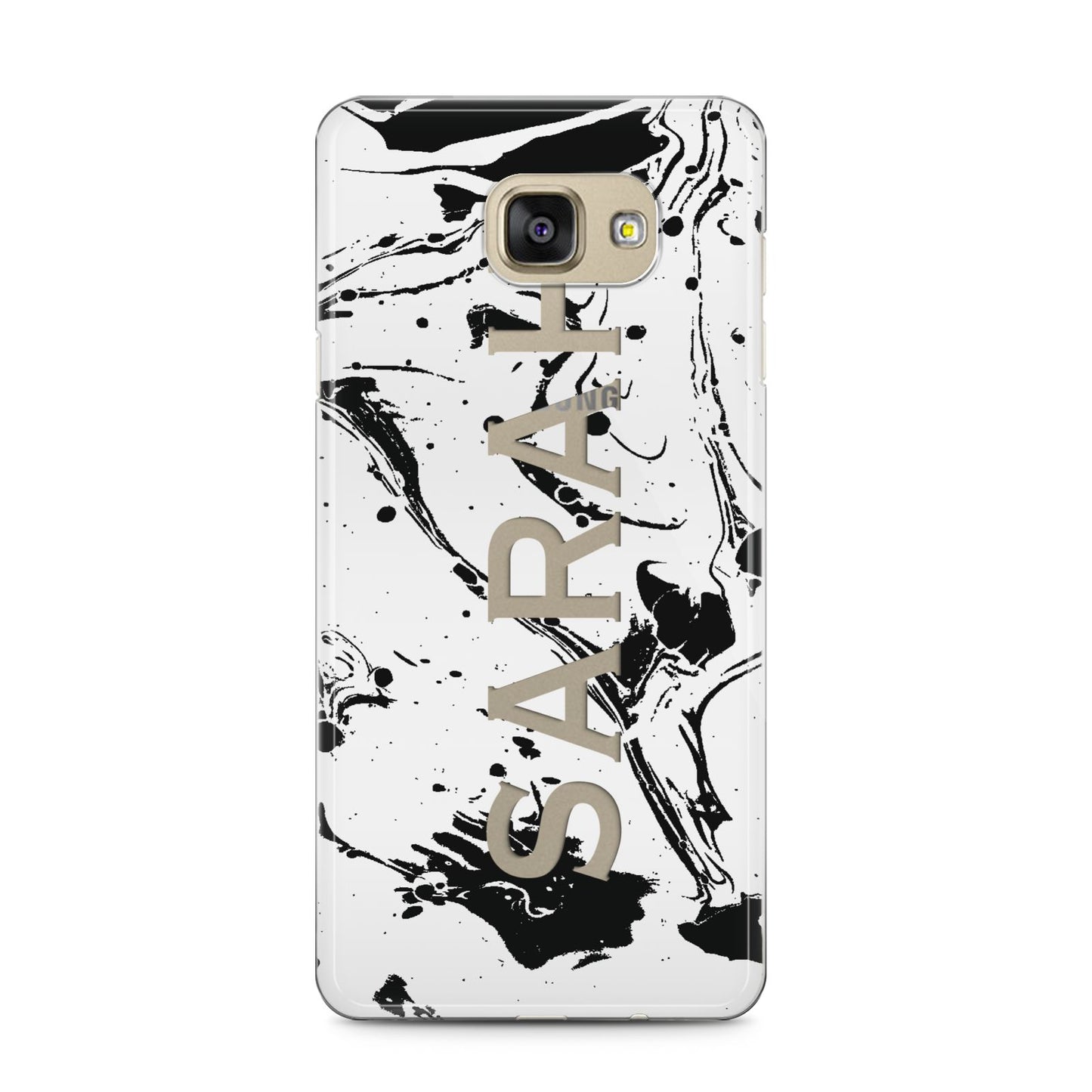Personalised Clear Name Black Swirl Marble Custom Samsung Galaxy A5 2016 Case on gold phone