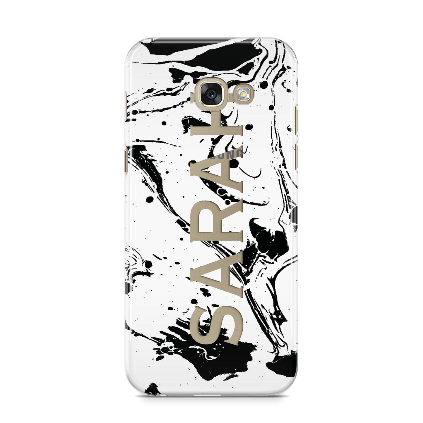 Personalised Clear Name Black Swirl Marble Custom Samsung Galaxy A5 2017 Case on gold phone