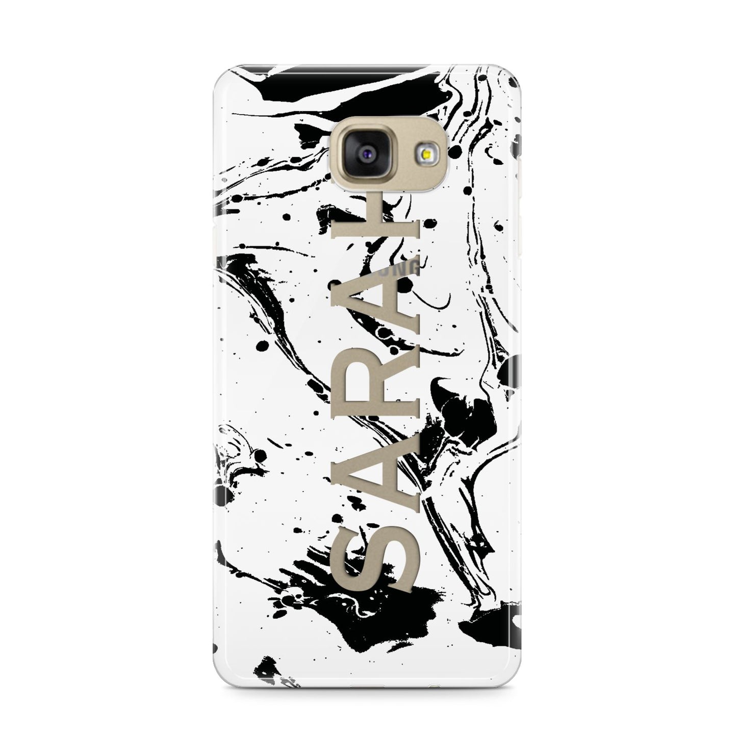 Personalised Clear Name Black Swirl Marble Custom Samsung Galaxy A9 2016 Case on gold phone