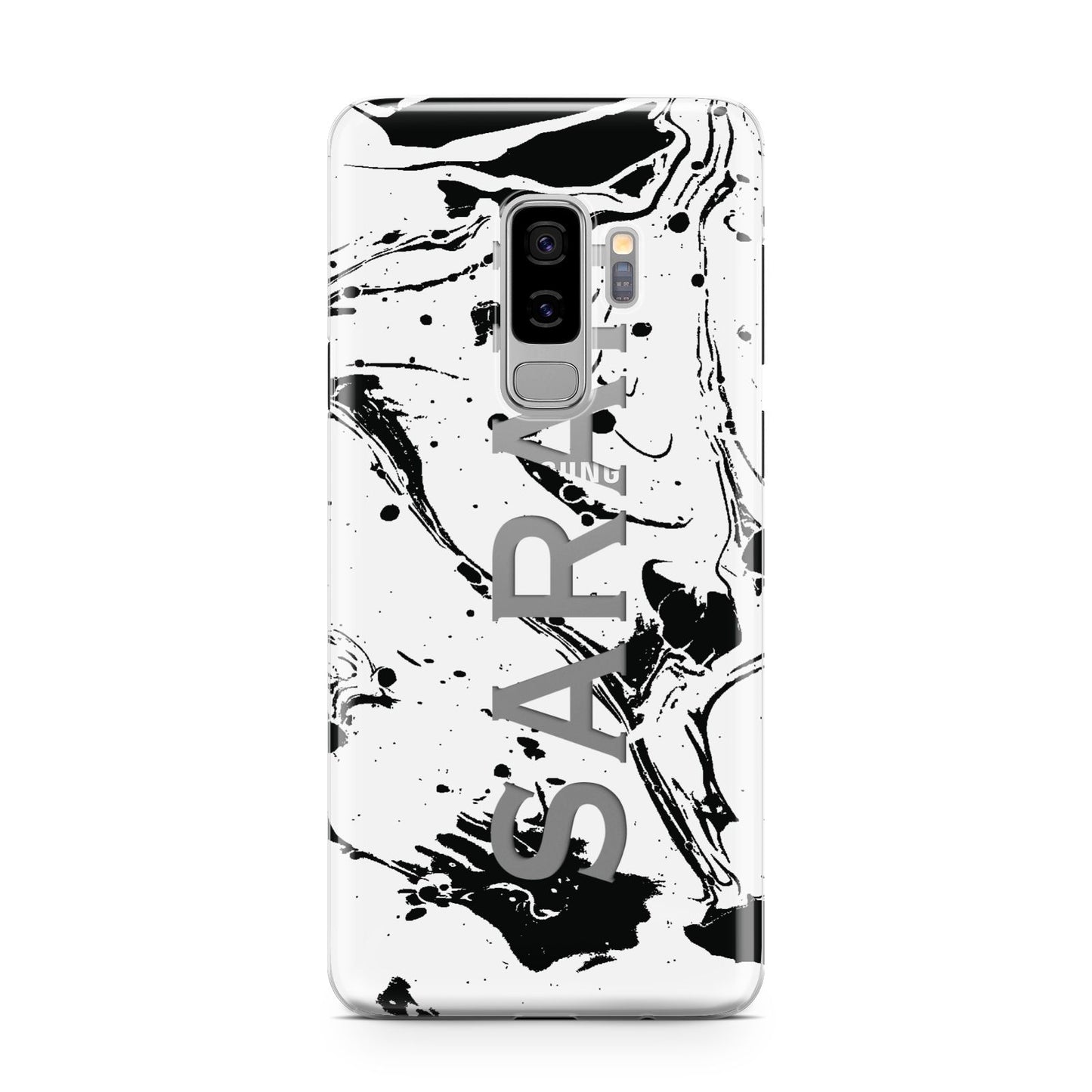 Personalised Clear Name Black Swirl Marble Custom Samsung Galaxy S9 Plus Case on Silver phone