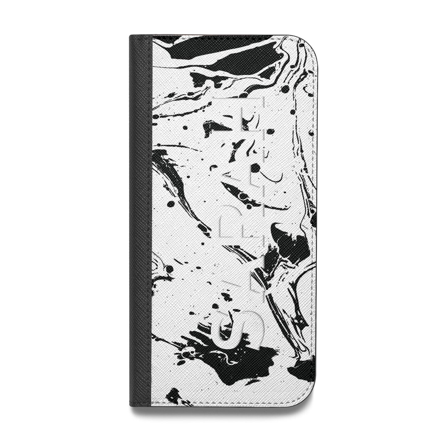 Personalised Clear Name Black Swirl Marble Custom Vegan Leather Flip Samsung Case