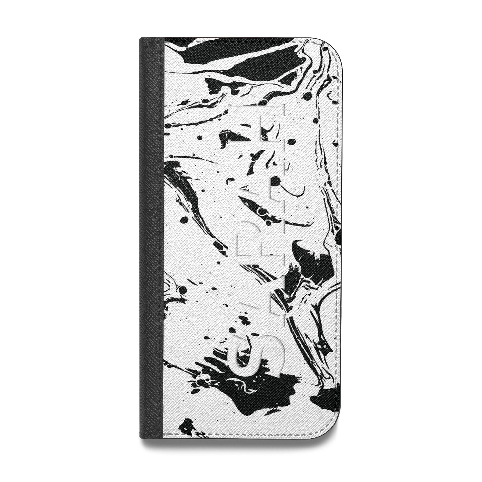 Personalised Clear Name Black Swirl Marble Custom Vegan Leather Flip Samsung Case
