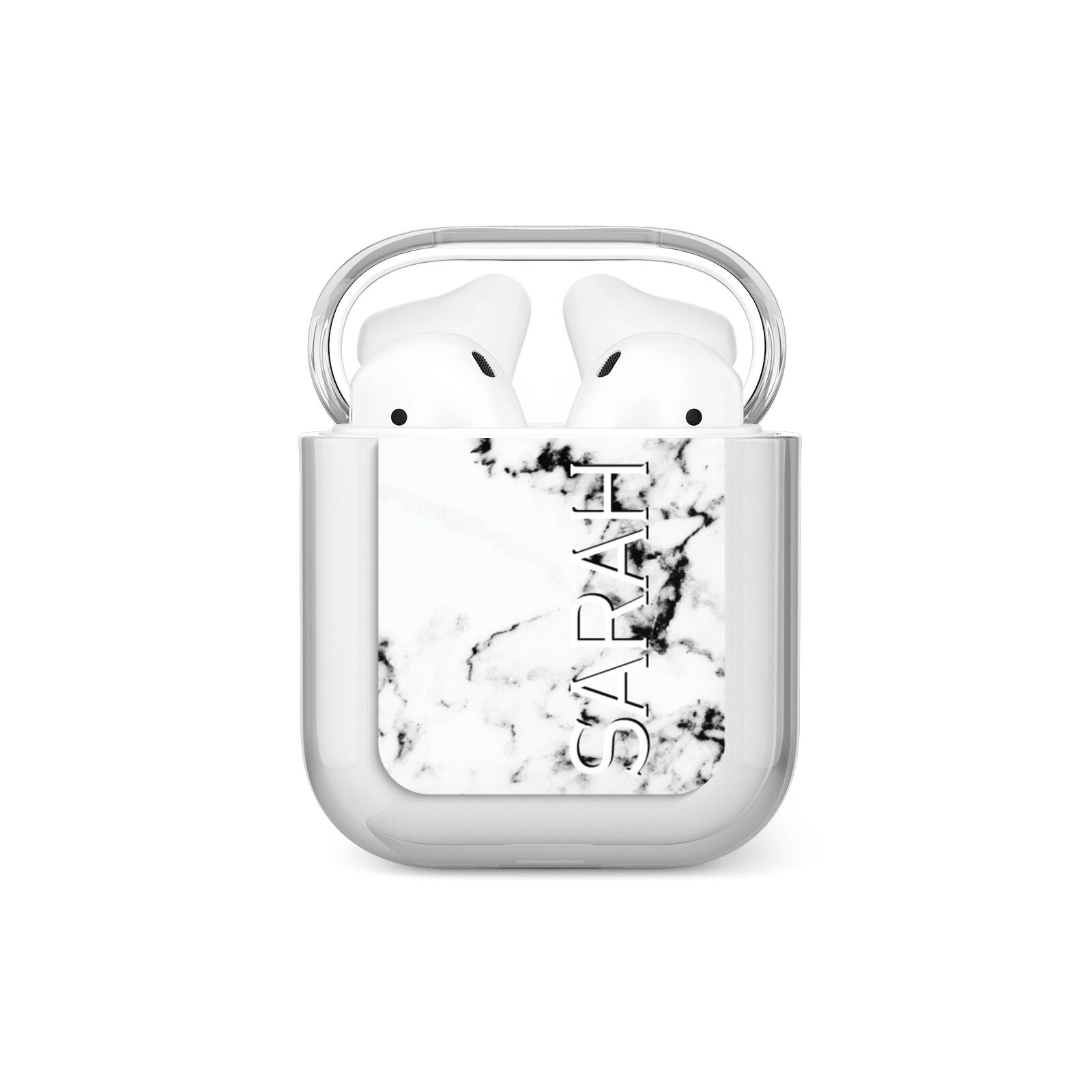 Personalised Clear Name Black White Marble Custom AirPods Case