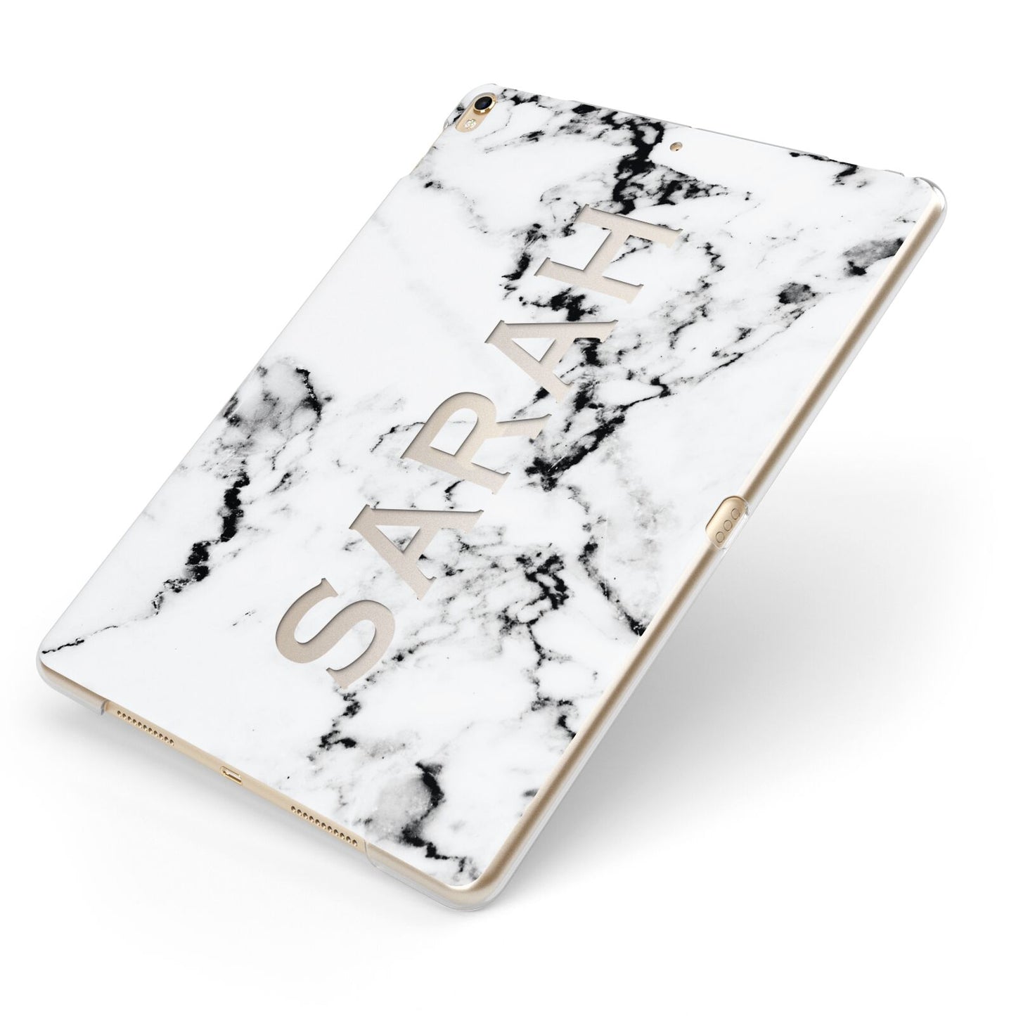 Personalised Clear Name Black White Marble Custom Apple iPad Case on Gold iPad Side View