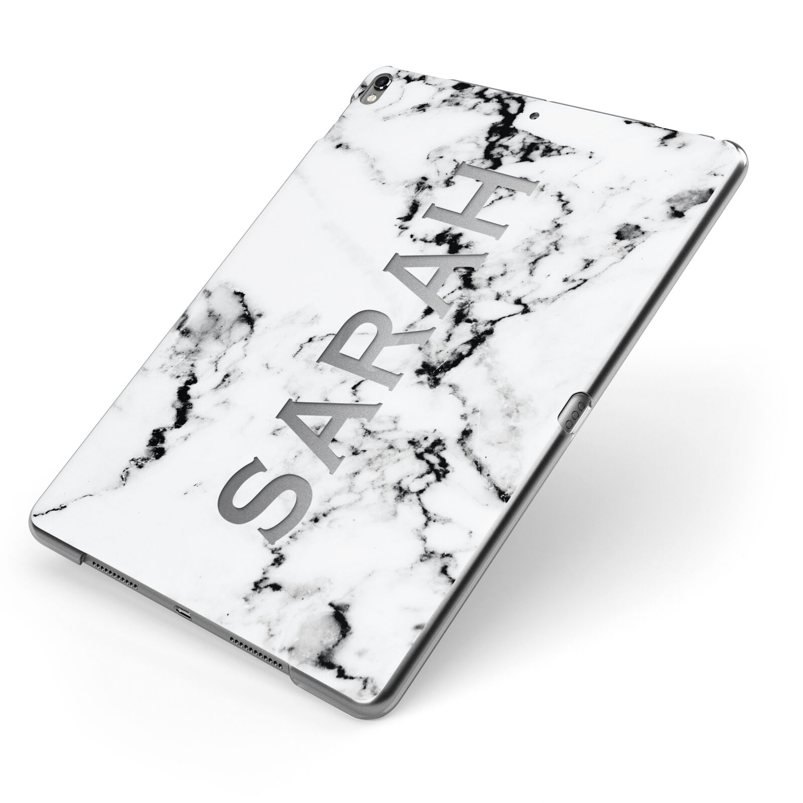 Personalised Clear Name Black White Marble Custom Apple iPad Case on Grey iPad Side View