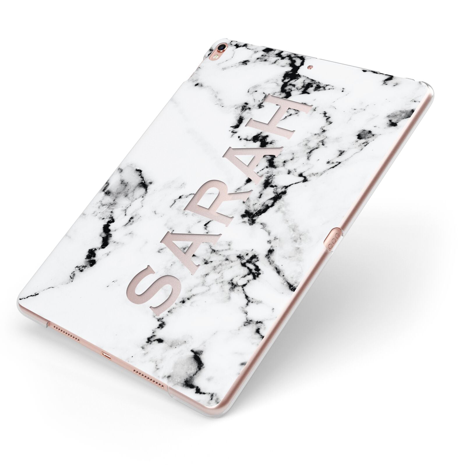 Personalised Clear Name Black White Marble Custom Apple iPad Case on Rose Gold iPad Side View