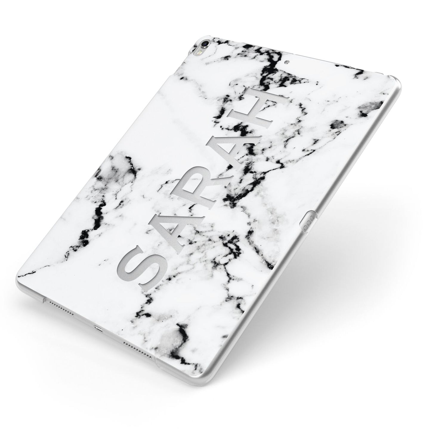 Personalised Clear Name Black White Marble Custom Apple iPad Case on Silver iPad Side View