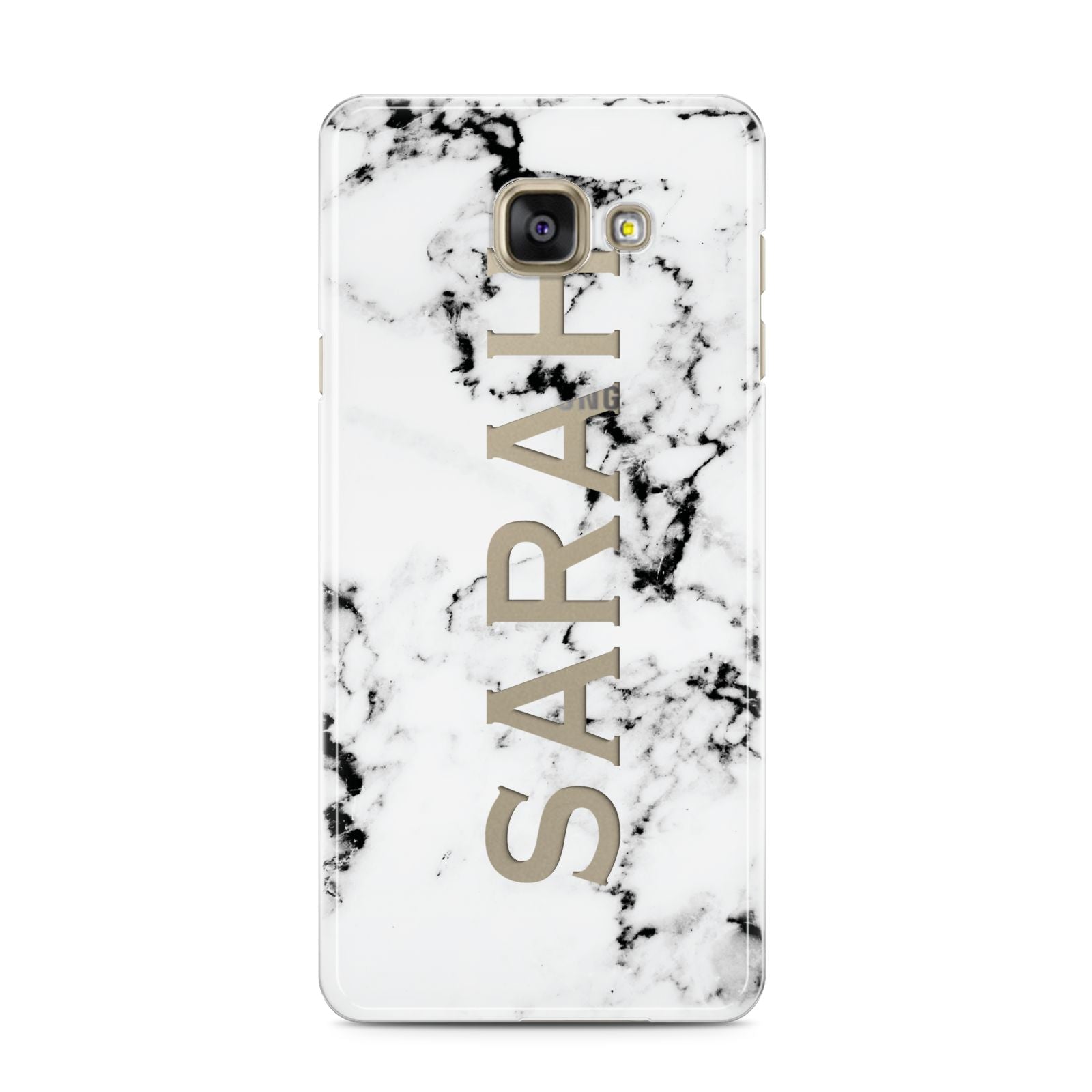 Personalised Clear Name Black White Marble Custom Samsung Galaxy A3 2016 Case on gold phone