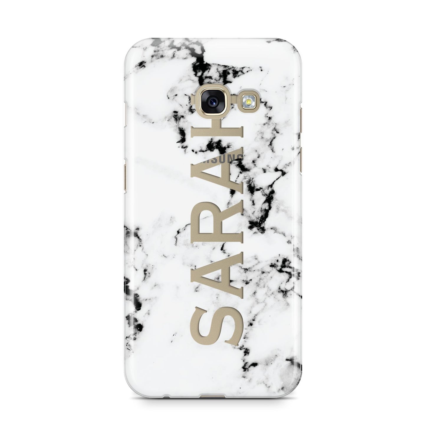 Personalised Clear Name Black White Marble Custom Samsung Galaxy A3 2017 Case on gold phone