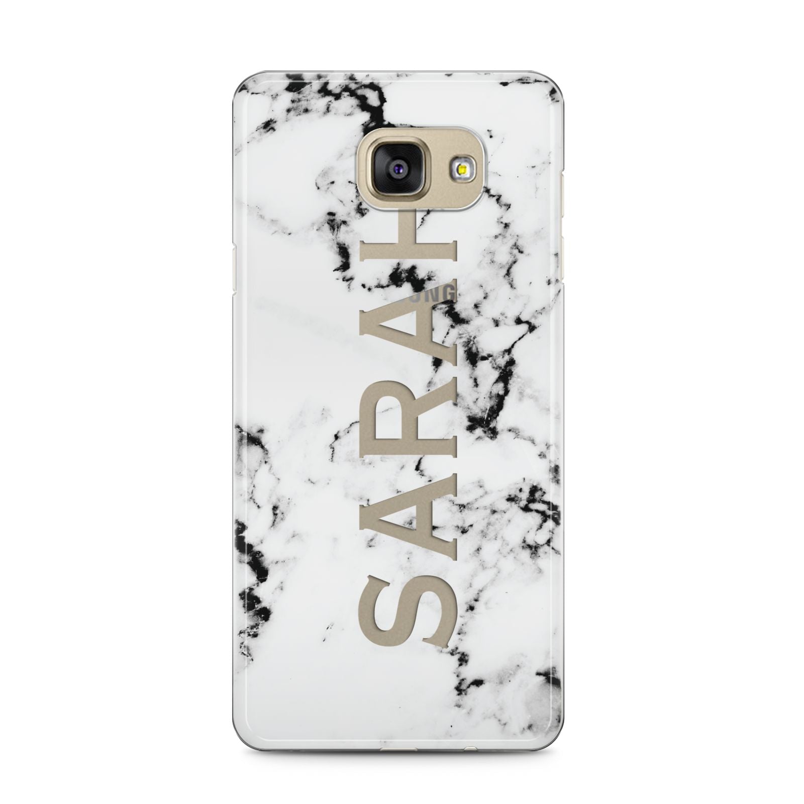Personalised Clear Name Black White Marble Custom Samsung Galaxy A5 2016 Case on gold phone