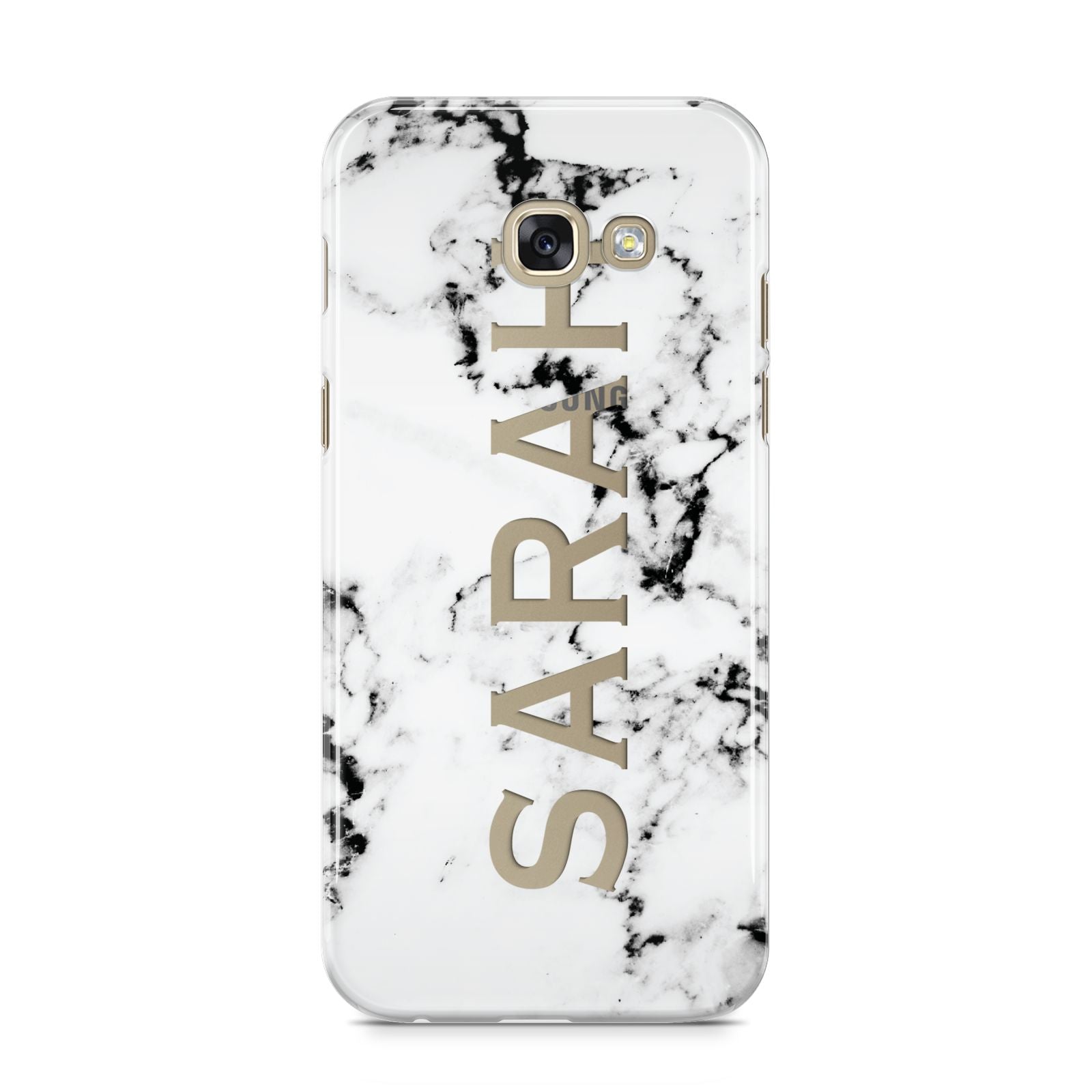 Personalised Clear Name Black White Marble Custom Samsung Galaxy A5 2017 Case on gold phone