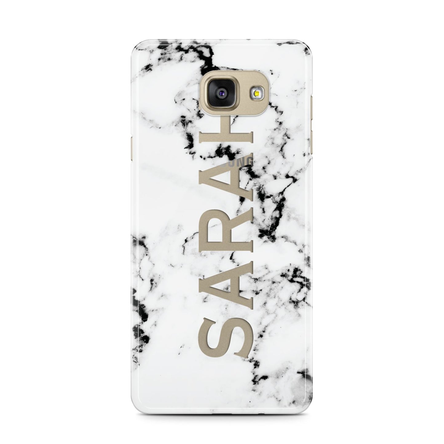 Personalised Clear Name Black White Marble Custom Samsung Galaxy A7 2016 Case on gold phone