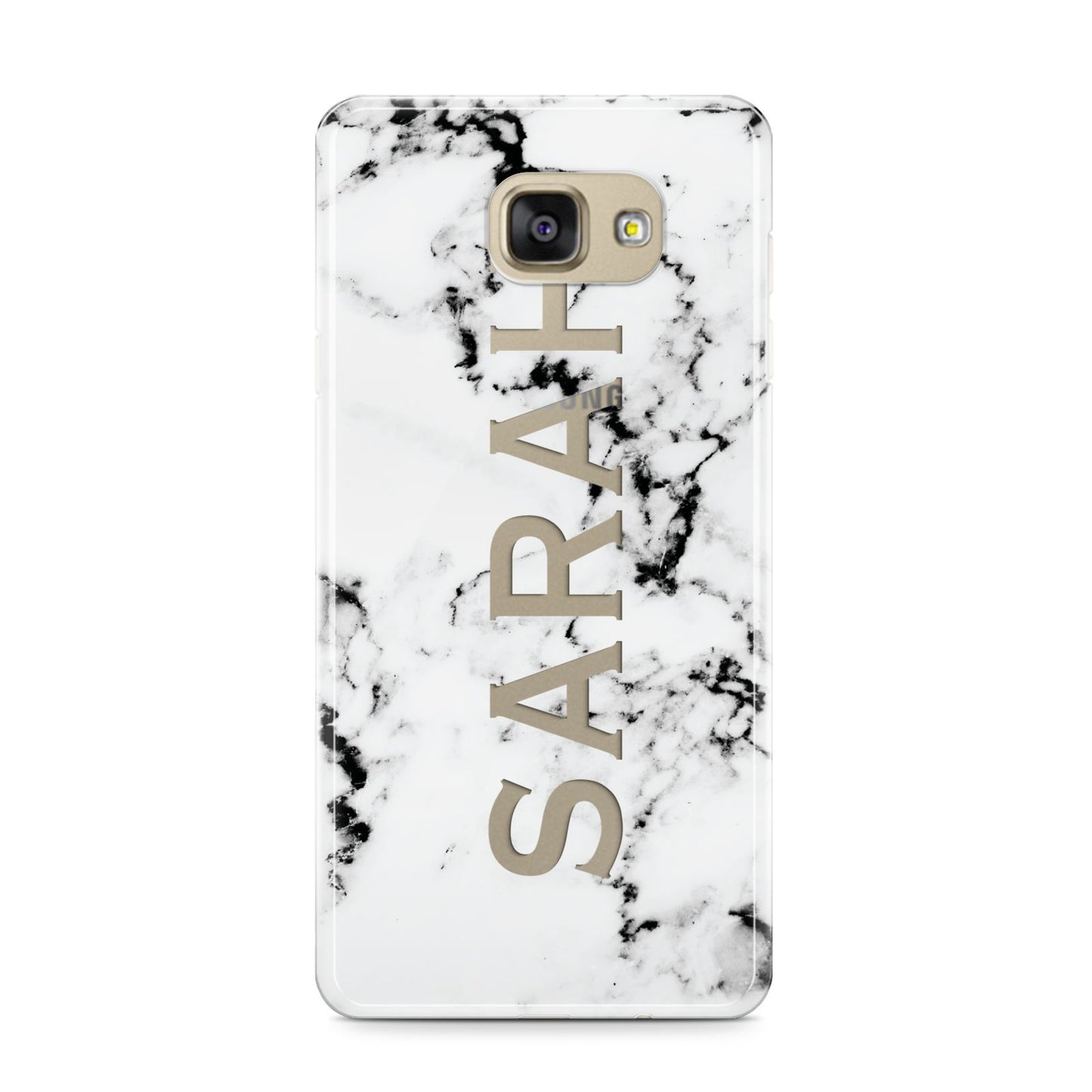 Personalised Clear Name Black White Marble Custom Samsung Galaxy A9 2016 Case on gold phone