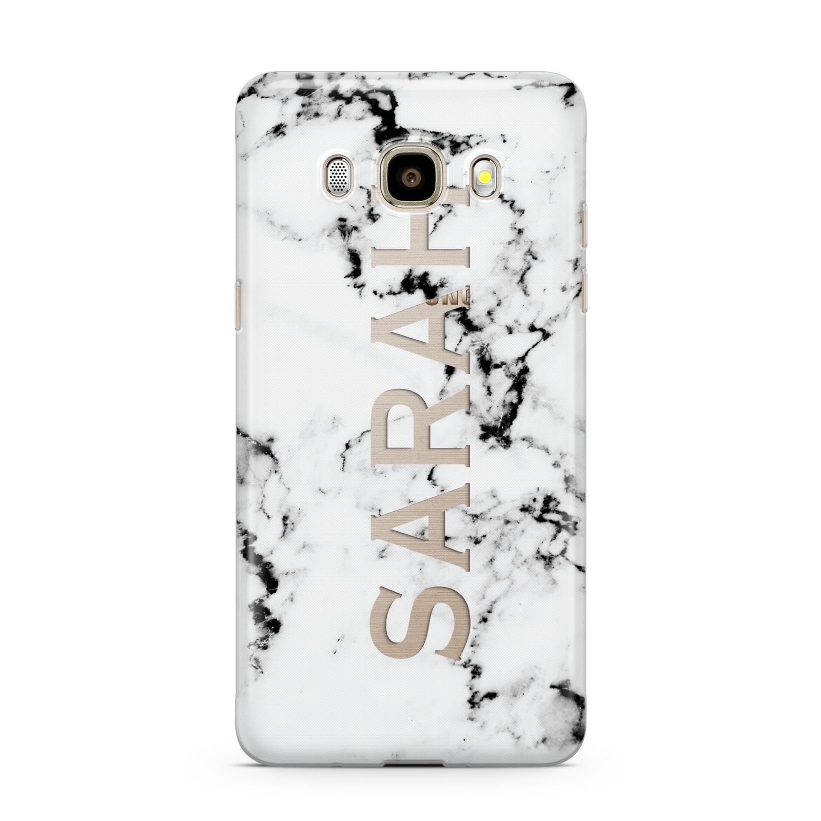 Personalised Clear Name Black White Marble Custom Samsung Galaxy J7 2016 Case on gold phone