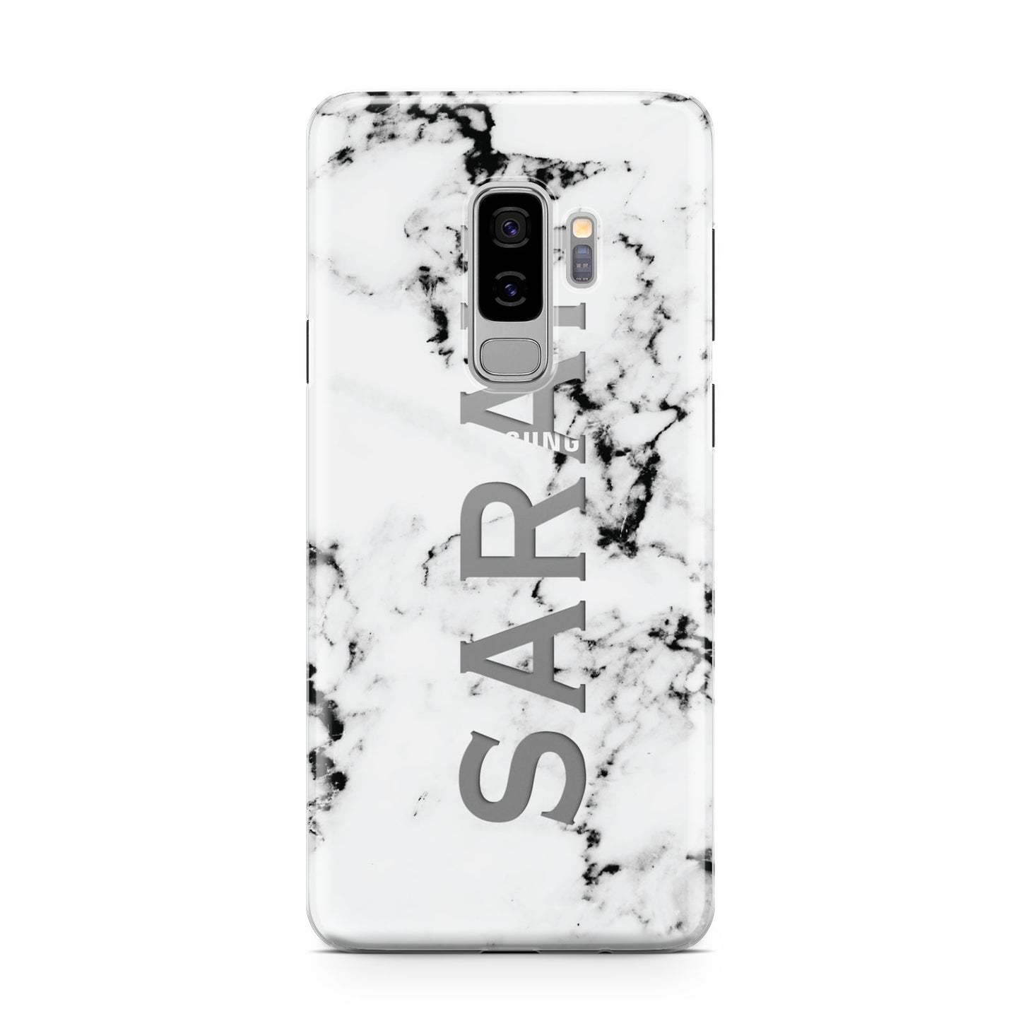 Personalised Clear Name Black White Marble Custom Samsung Galaxy S9 Plus Case on Silver phone