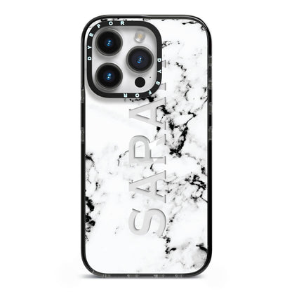 Personalised Clear Name Black White Marble Custom iPhone 14 Pro Black Impact Case on Silver phone