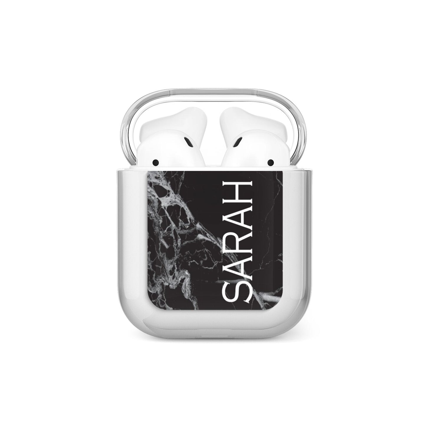 Personalised Clear Name Cutout Black Marble Custom AirPods Case