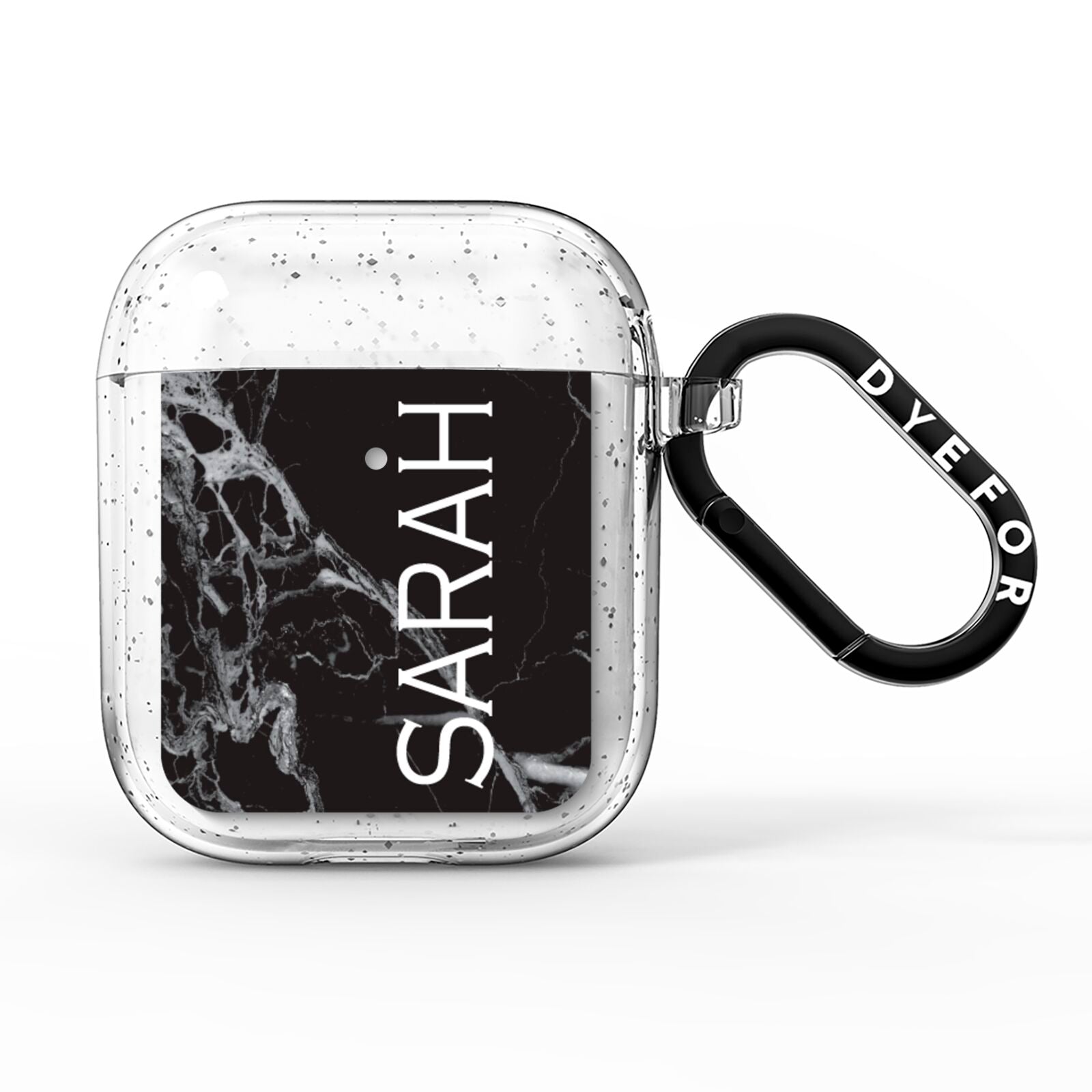 Personalised Clear Name Cutout Black Marble Custom AirPods Glitter Case