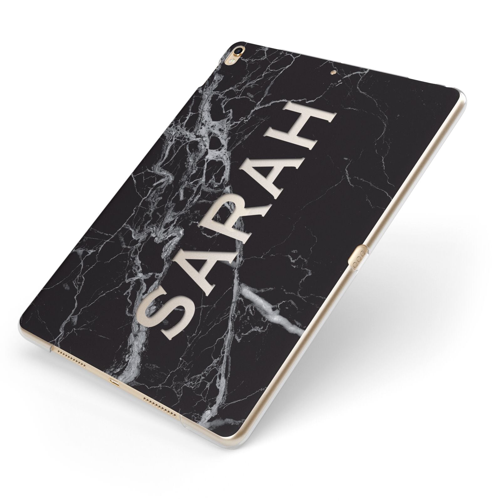 Personalised Clear Name Cutout Black Marble Custom Apple iPad Case on Gold iPad Side View