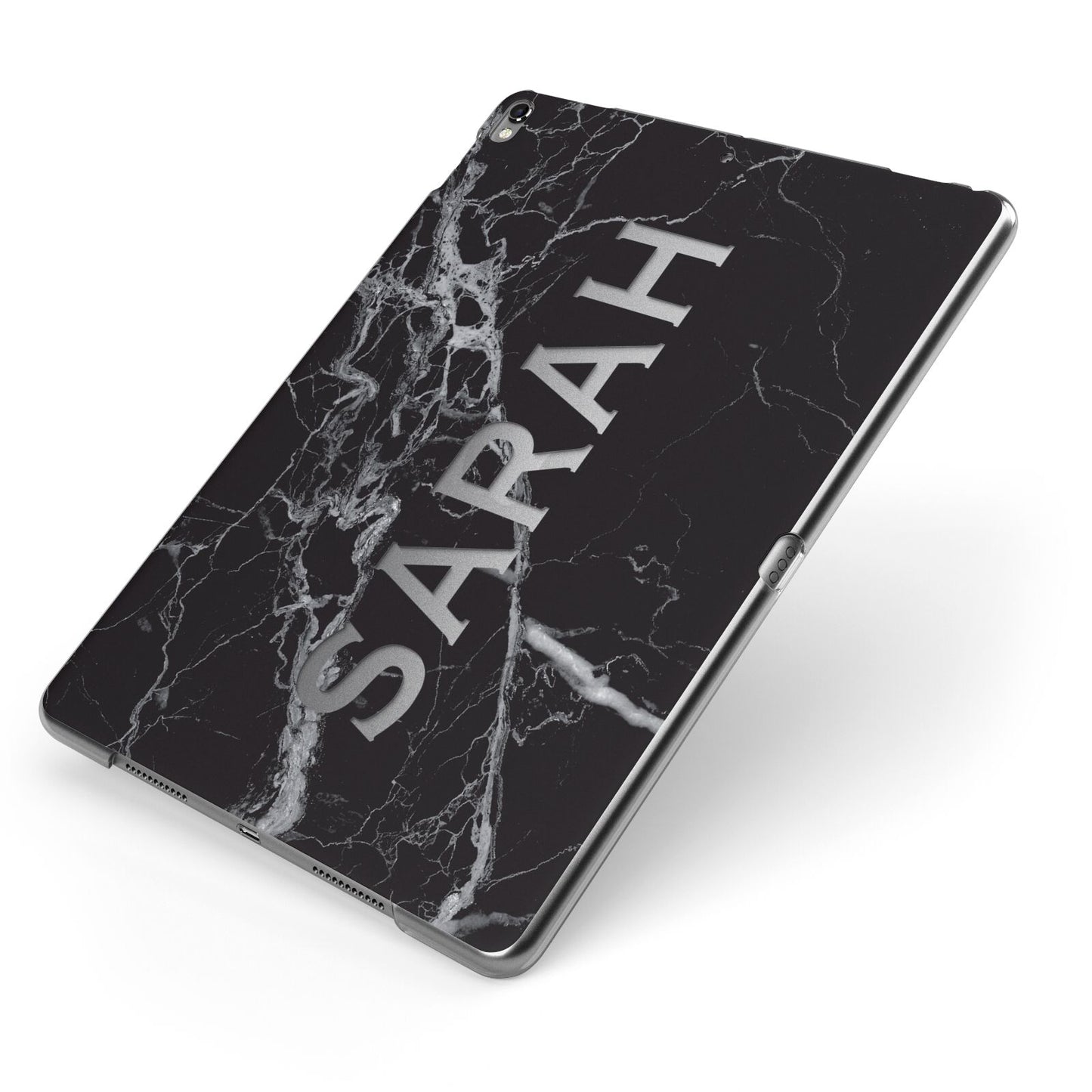 Personalised Clear Name Cutout Black Marble Custom Apple iPad Case on Grey iPad Side View