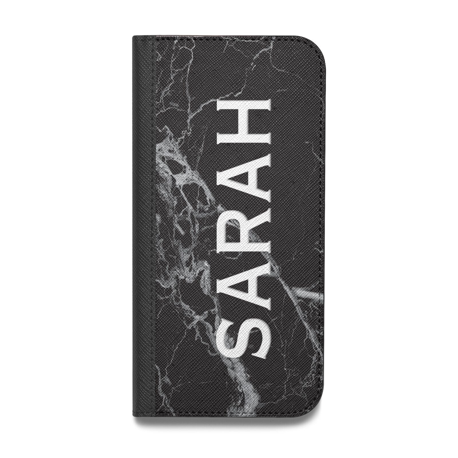 Personalised Clear Name Cutout Black Marble Custom Vegan Leather Flip Samsung Case