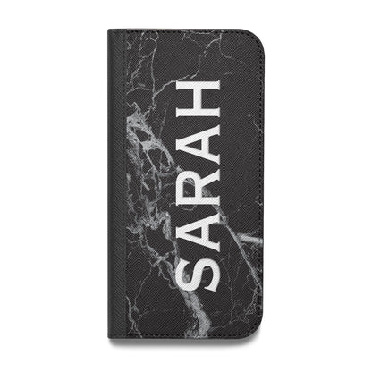 Personalised Clear Name Cutout Black Marble Custom Vegan Leather Flip Samsung Case