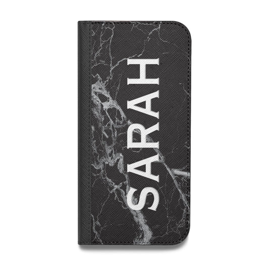 Personalised Clear Name Cutout Black Marble Custom Vegan Leather Flip Samsung Case